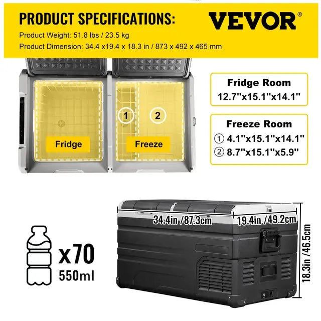 VEVOR 45L 55L 75L 95L Car Refrigerator Portable Compressor Freezer Fridge Dual Zone with APP Control 12V/24V DC 110V for Camping
