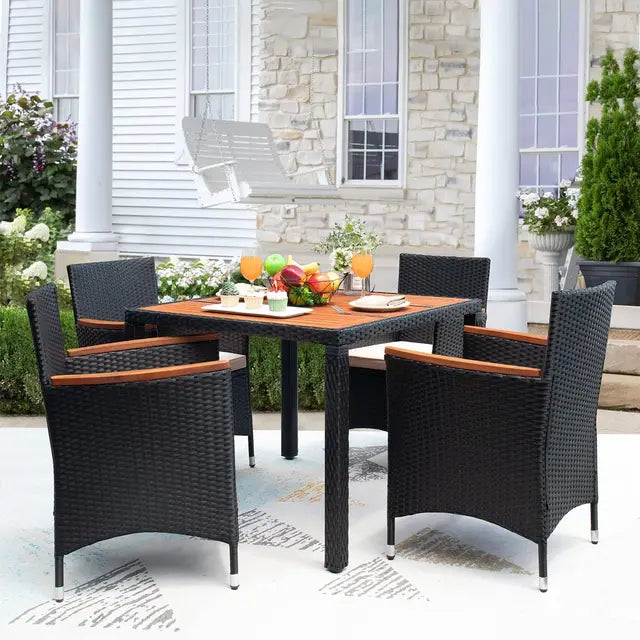 Devoko Outdoor Patio Dining Set, 5 PCS Outdoor Patio Furniture Set, Patio Conversation Set with Acacia Wood Table Top,attan Outd