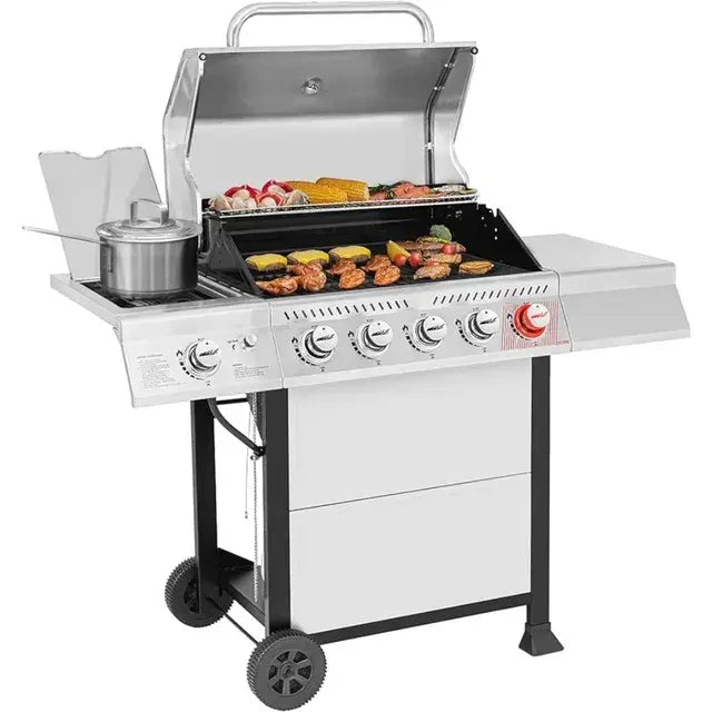 64 Camping Silver BBQ Grill 5-Burner BBQ Propane Grill With Sear Burner and Side Burner Kitchen Tools Cookware Accessories Stand