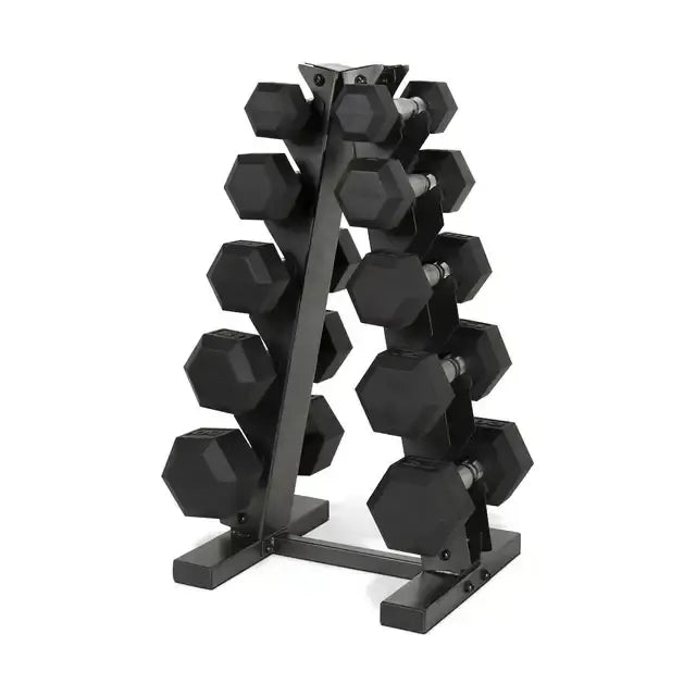 150 lb Coated Rubber Hex Dumbbell Weight Set with A-Frame Rack, Black dumbell weights for fitness fitness equipment