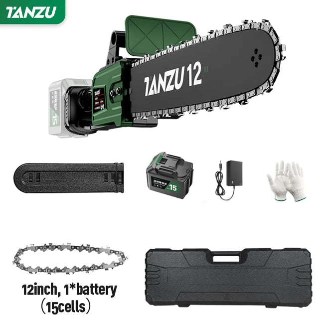 12 Inch Brushless Electric Chain Saw 21V Handheld Pruning Wood Power Tool Garden Branch Cutting Machine Lithium Battery TANZU