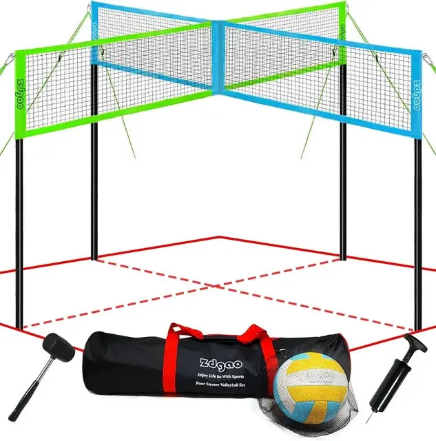 4-Way Volleyball and Badminton Combo Net with Soft Volleyball, Rubber Hammer and Carry Bag - Adjustable Height Four Square
