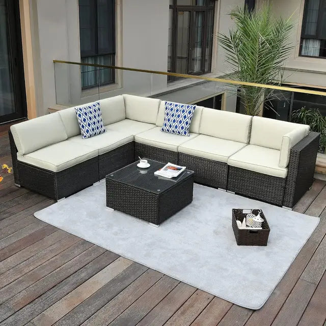7 Pieces Patio Furniture Set, Outdoor Sectional Sofa PE Rattan Wicker Conversation Set Outside Couch Backyard, Black