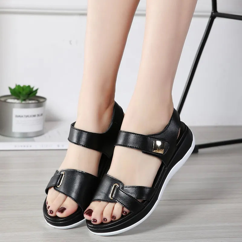 2022 New Women Sandals Platform leather Ladies Sandals Comfortable Flat Sandals Open Toe Beach Shoes Woman Footwear