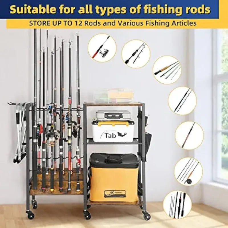 Olakee Fishing Rod Holders Fishing Gear Fishing Equipment Organizers Fishing Pole Holders up to 12 Rods Fishing Rod Tackle Cart