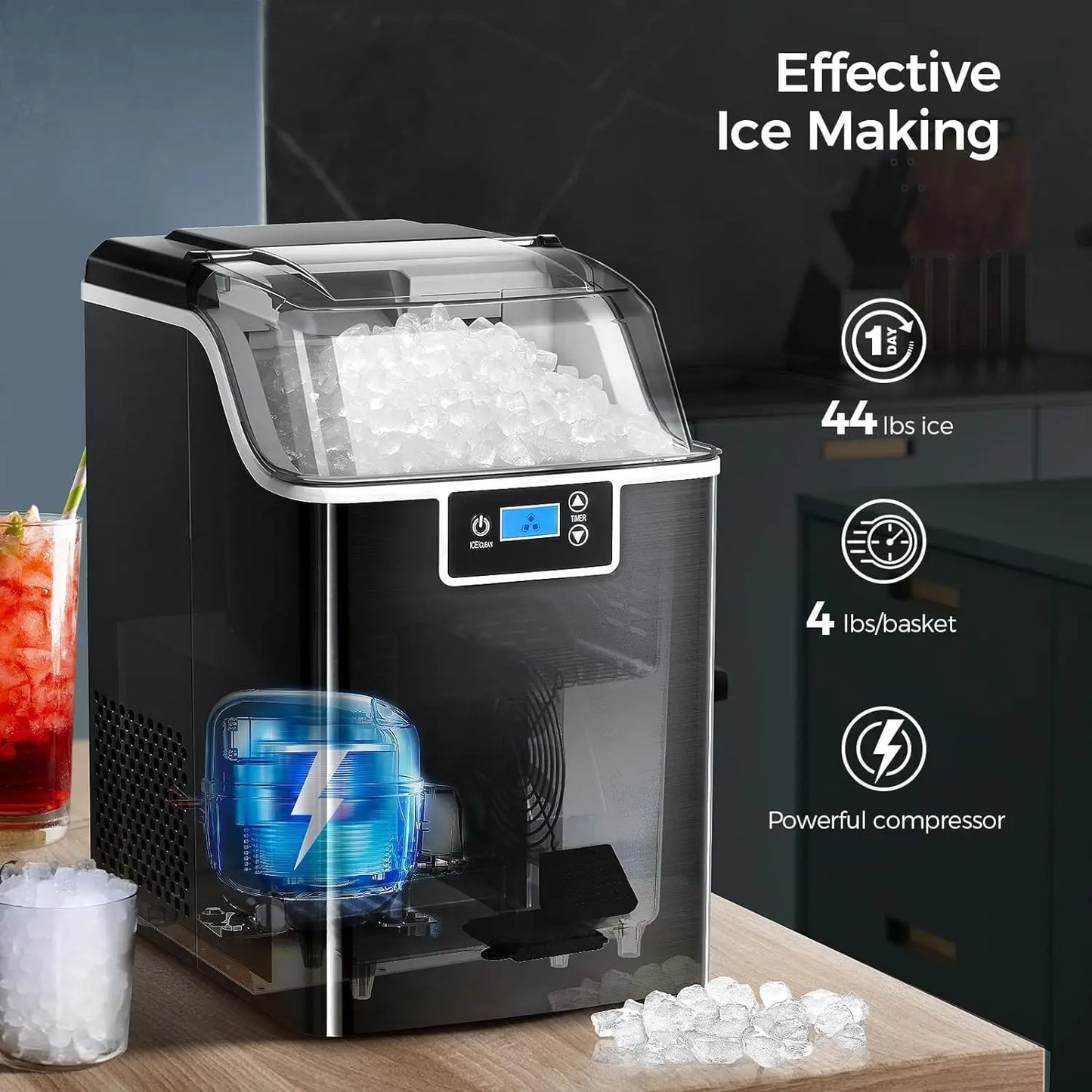 Xbeauty Crushed Ice Maker Countertop,Nugget Ice Maker with Self Cleaning,44.5lbs/Day,24H Timer,LED Crushed Ice Maker for Home