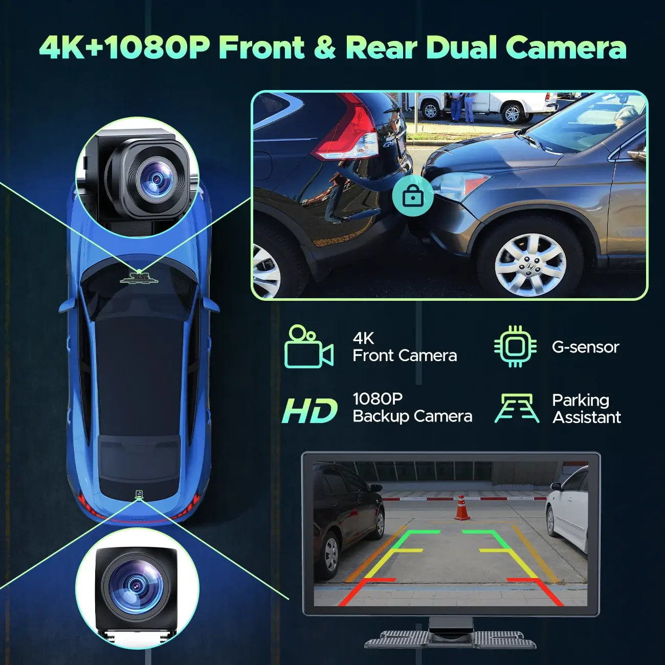 TOGUARD 4K Dashcam 9" Wireless Apple Carplay & Android Auto Car Radio with 1080P Rear Cam Car DVR GPS Navigation Siri /Google BT