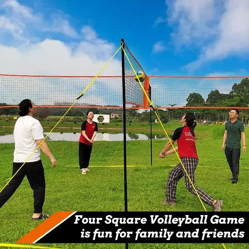 4-Way Volleyball and Badminton Combo Net with Soft Volleyball, Rubber Hammer and Carry Bag - Adjustable Height Four Square