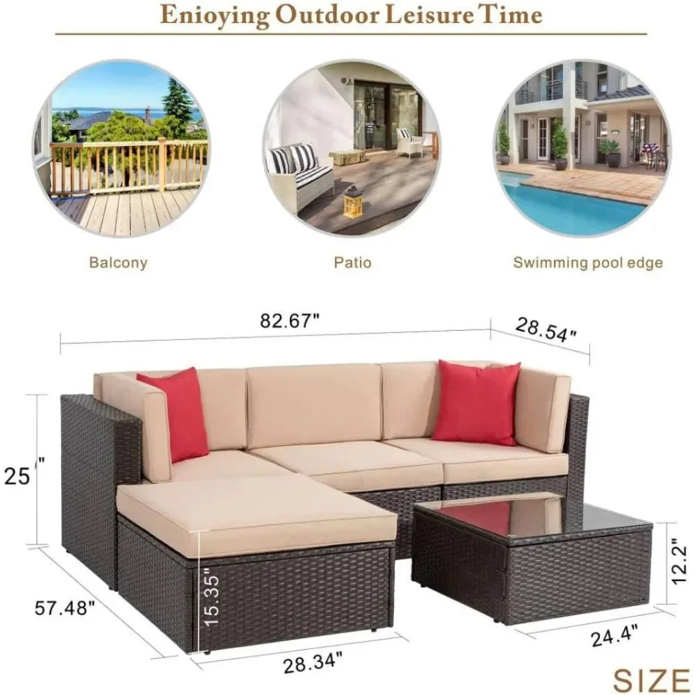 5 Piece Patio Furniture Sets, All-Weather Brown PE Wicker Outdoor Couch Sectional Set, Small Conversation Set for Garden, Beige