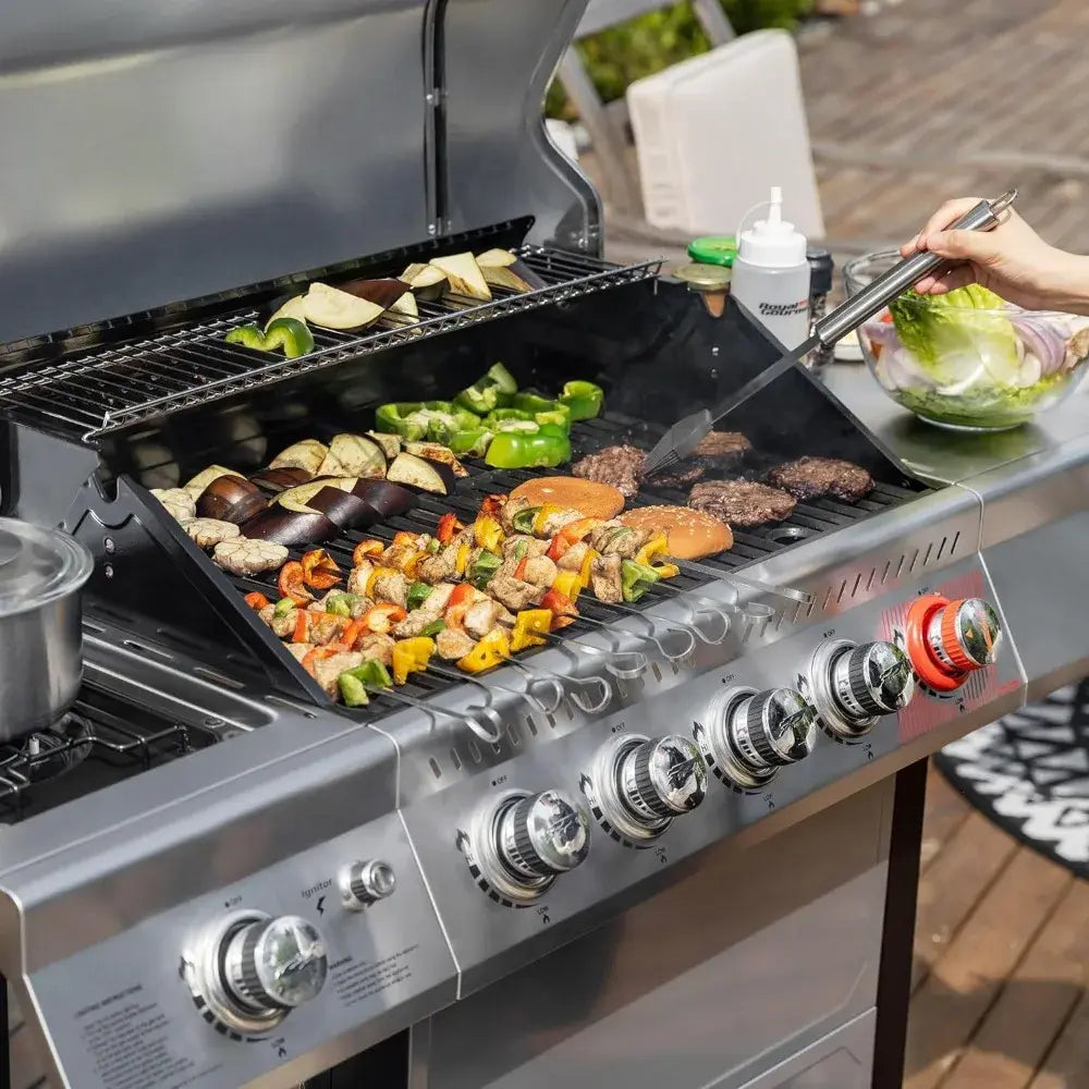 64 Camping Silver BBQ Grill 5-Burner BBQ Propane Grill With Sear Burner and Side Burner Kitchen Tools Cookware Accessories Stand