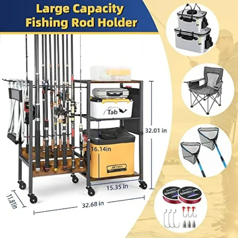 Olakee Fishing Rod Holders Fishing Gear Fishing Equipment Organizers Fishing Pole Holders up to 12 Rods Fishing Rod Tackle Cart