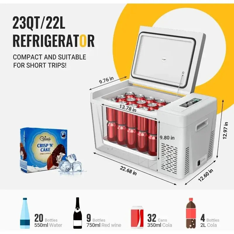 BougeRV 12 Volt Refrigerator 12V Car Fridge 23 Quart Portable Freezer Compressor Cooler 12/24V DC 110~240 Volt AC for Truck Van