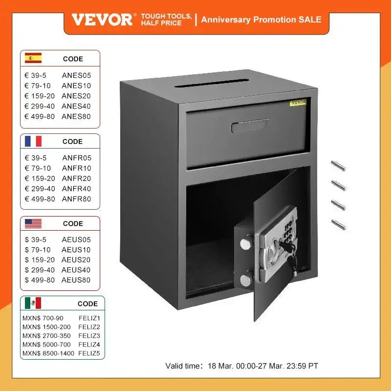 VEVOR Electronic Safe Deposit Box With Drop Slot Secret Hidden Piggy Bank Security Digital Access Two Keys for Store Money Guns