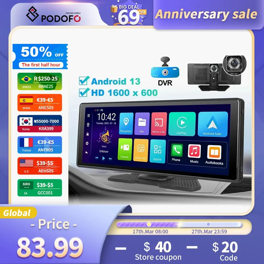Podofo 10.26” Dash Cam Carplay Android Auto Car DVR Navigation Recorder Dashboard Car Mirror Screen 24H Park AUX