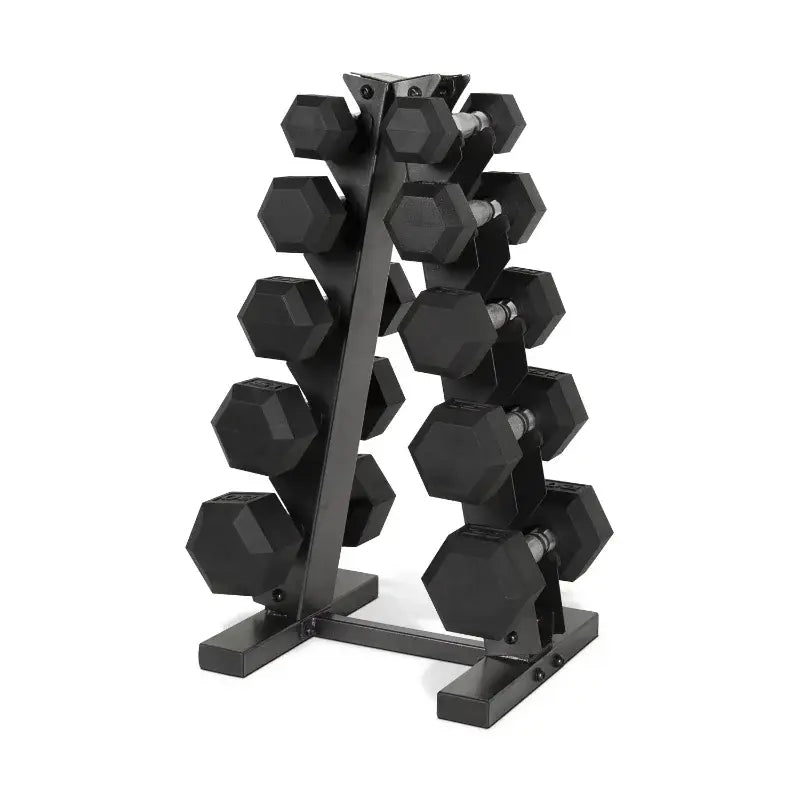 150 lb Coated Rubber Hex Dumbbell Weight Set with A-Frame Rack, Black dumbell weights for fitness fitness equipment