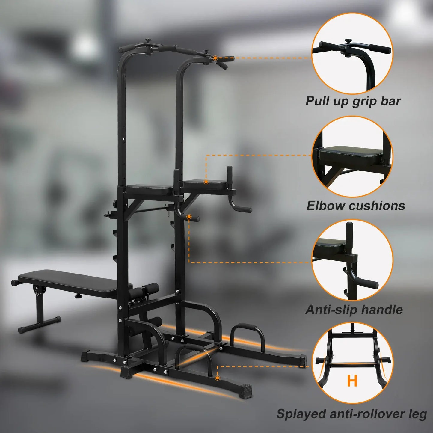 Power Tower Dip Station with Bench Pull Up Bar Stand Adjustable Height Heavy Duty Multi-Function Fitness Training Equipment for