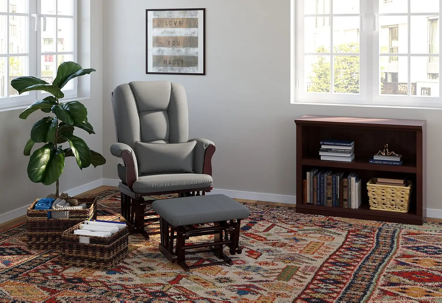 Storkcraft Tuscany Custom Glider and Ottoman with Free Lumbar Pillow, Espresso/Grey