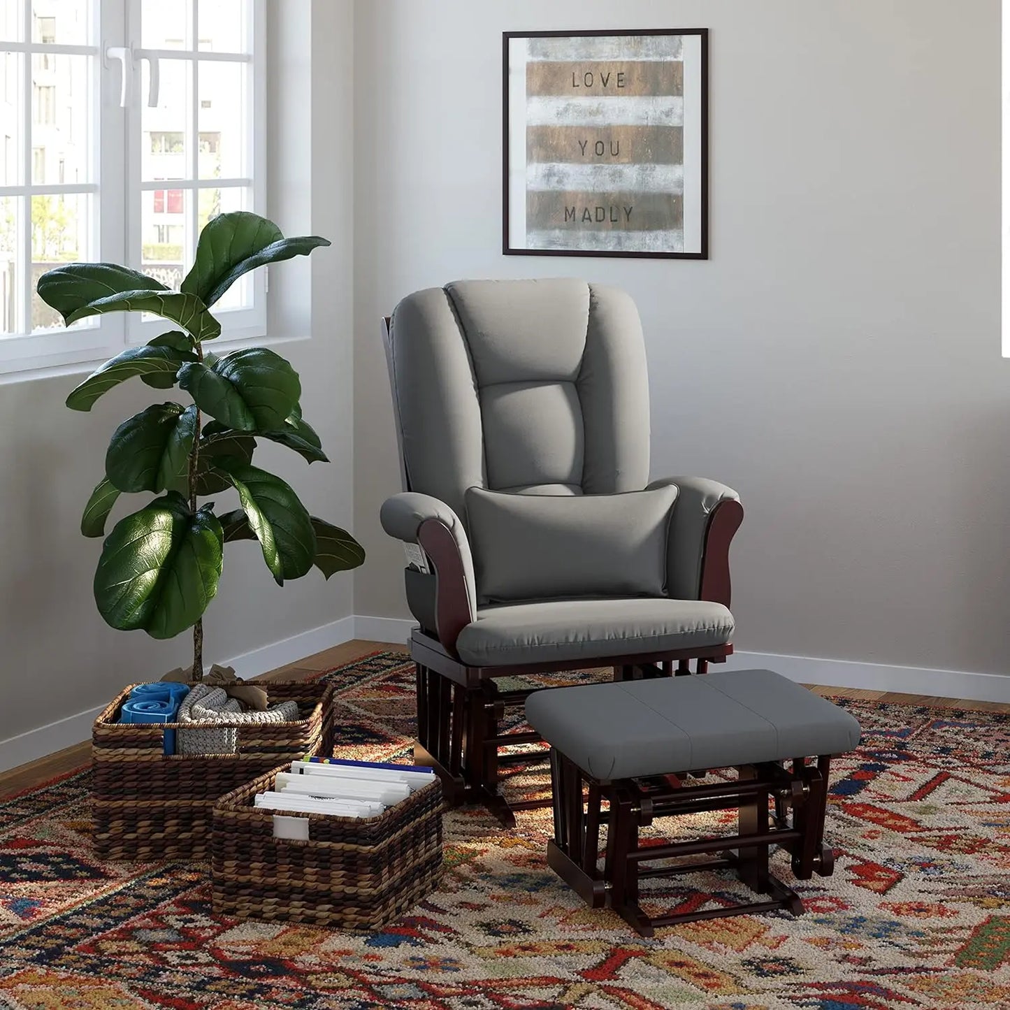 Storkcraft Tuscany Custom Glider and Ottoman with Free Lumbar Pillow, Espresso/Grey