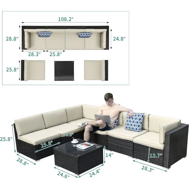 7 Pieces Patio Furniture Set, Outdoor Sectional Sofa PE Rattan Wicker Conversation Set Outside Couch Backyard, Black