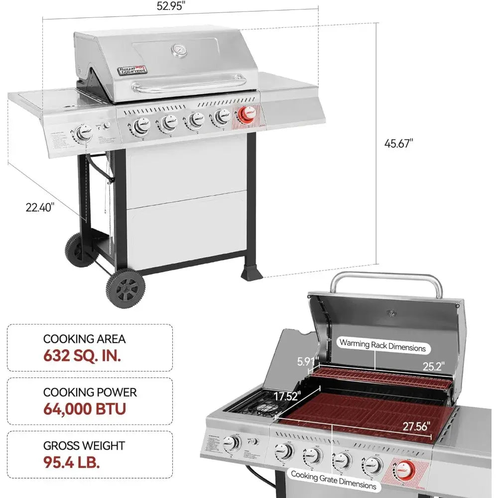 64 Camping Silver BBQ Grill 5-Burner BBQ Propane Grill With Sear Burner and Side Burner Kitchen Tools Cookware Accessories Stand