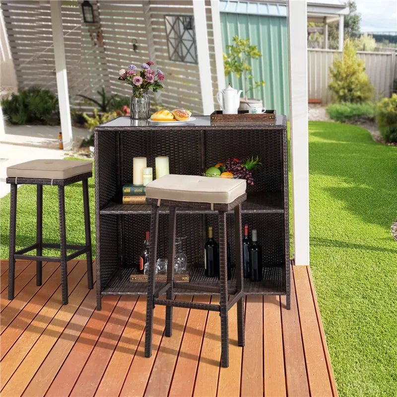 Easyfashion 3-Piece Outdoor Rattan Wicker Bar Set, Brown outdoor furniture set patio furniture set