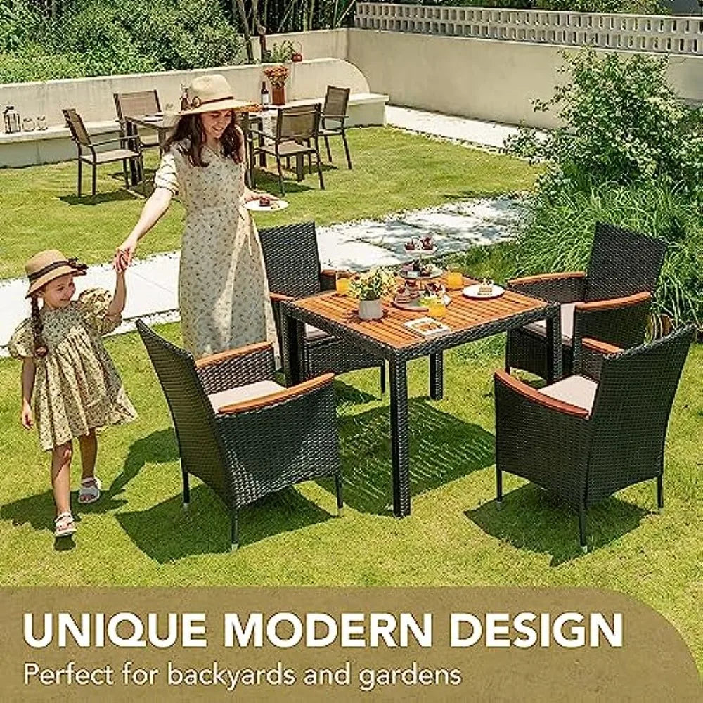 Devoko Outdoor Patio Dining Set, 5 PCS Outdoor Patio Furniture Set, Patio Conversation Set with Acacia Wood Table Top,attan Outd