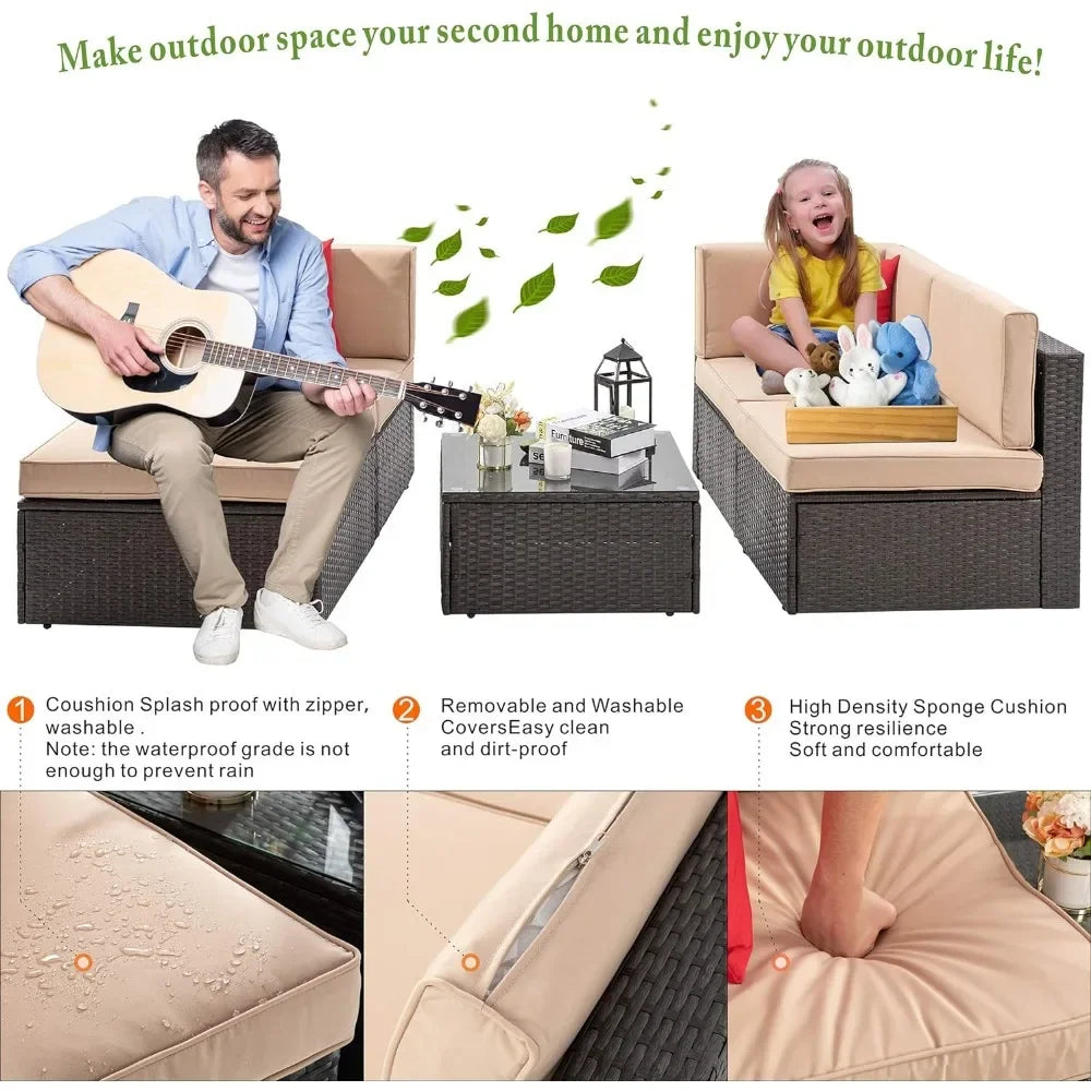 5 Piece Patio Furniture Sets, All-Weather Brown PE Wicker Outdoor Couch Sectional Set, Small Conversation Set for Garden, Beige