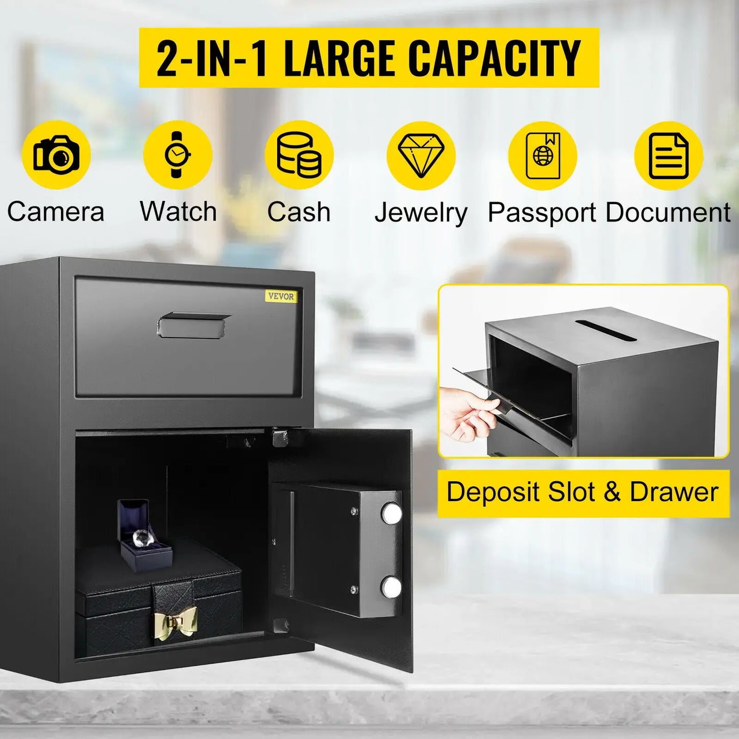 VEVOR Electronic Safe Deposit Box With Drop Slot Secret Hidden Piggy Bank Security Digital Access Two Keys for Store Money Guns