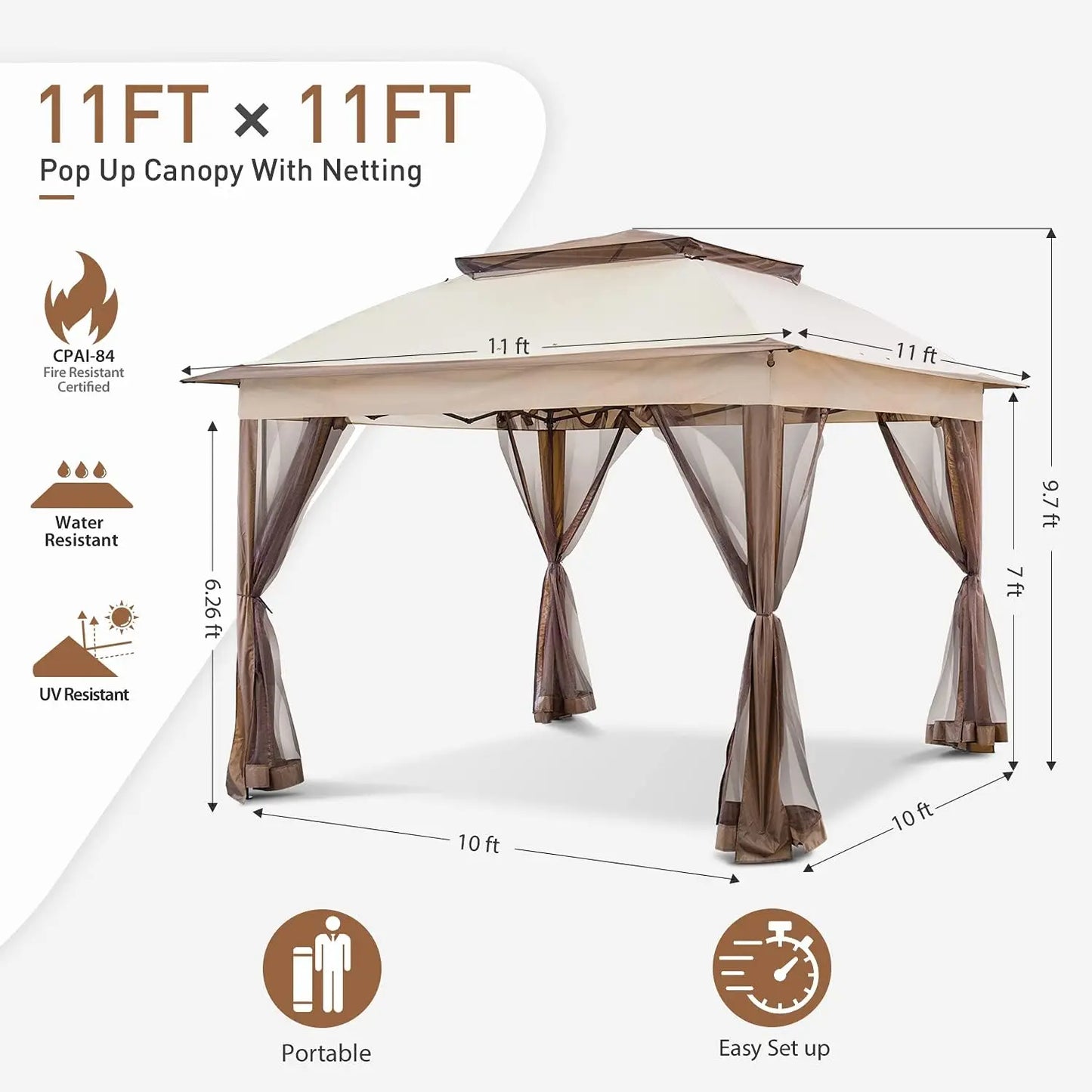 Cool Spot 11x11 Pop-Up Instant Gazebo Tent with Mosquito Netting Outdoor Canopy Shelter with 121 Square Feet of Shade