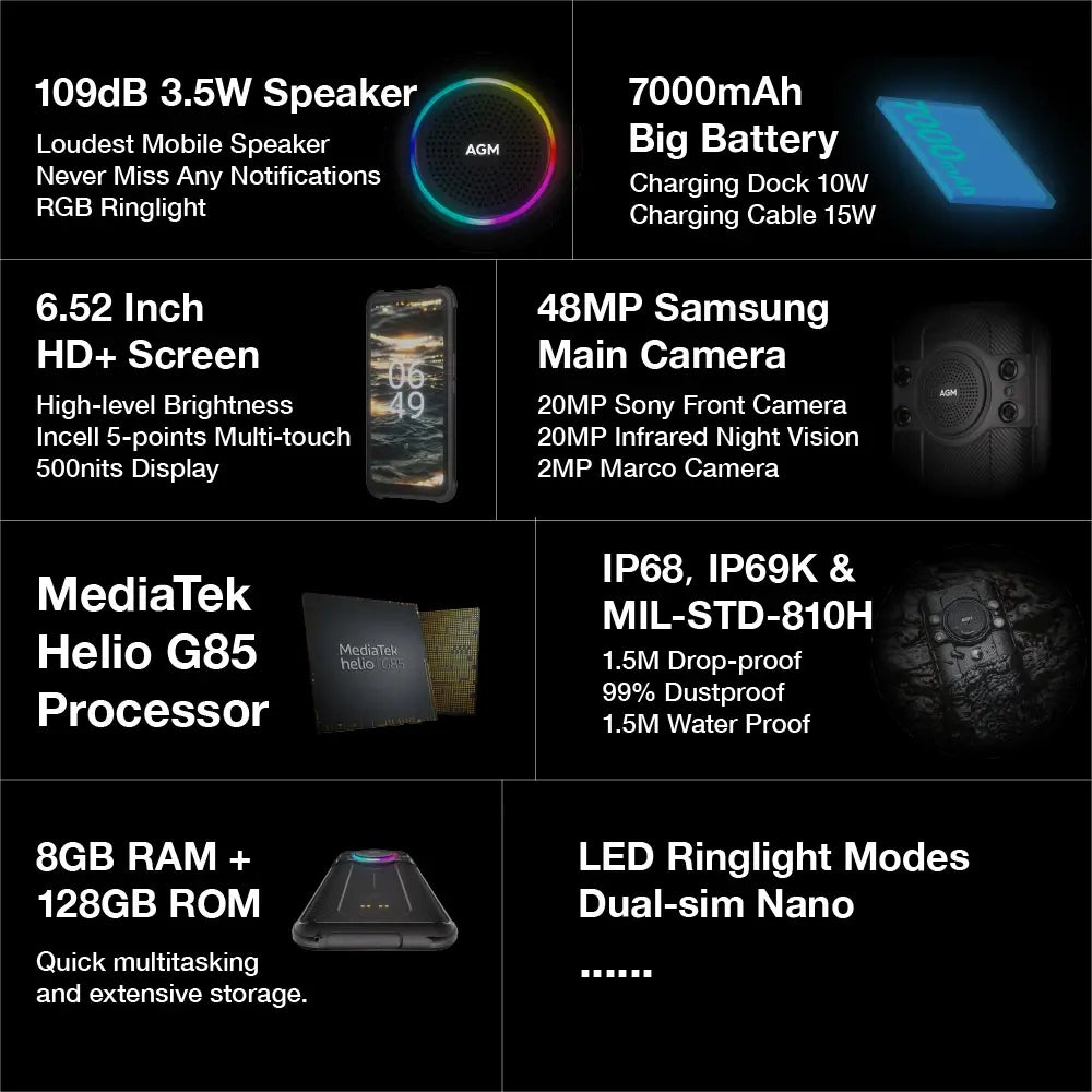 AGM H5 Pro 8+128G Rugged Smartphone 3.5W Loudspeaker MTK G85 7000MAH, IP68/IP69K Waterproof CellPhone