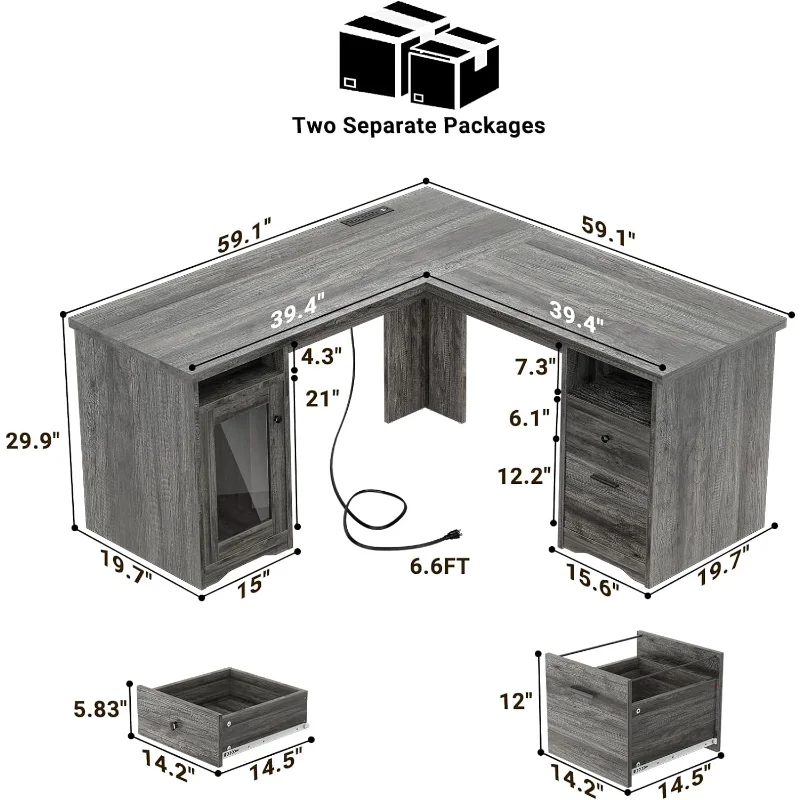 Unikito L Shaped Desk with Drawers, 60 Inch Corner Computer Desks with USB Charging Port and Power Outlet, Large 2 Person Home