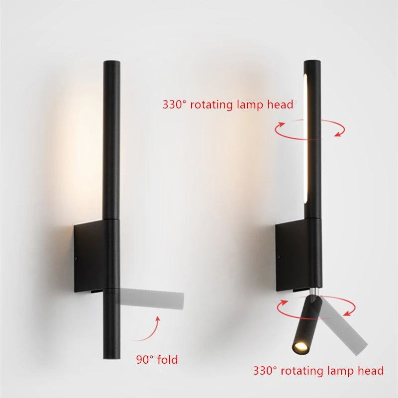 Bedside LED Wall Lamp With Rotatable Angle Spotlight Nordic Adjustable Wall Sconce Reading Light Bedroom Metal+Acryl Night Light