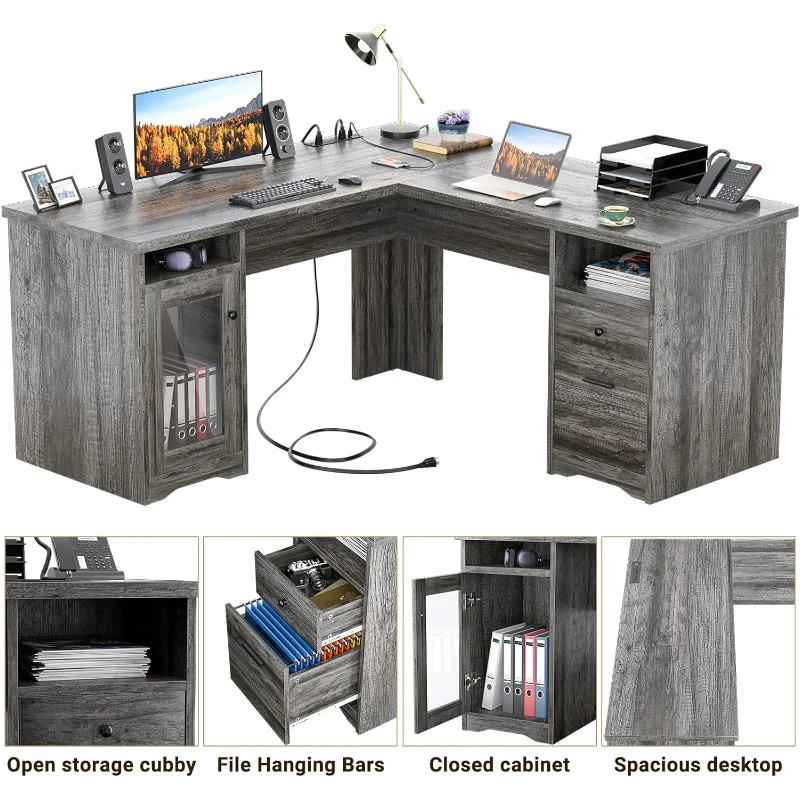 Unikito L Shaped Desk with Drawers, 60 Inch Corner Computer Desks with USB Charging Port and Power Outlet, Large 2 Person Home