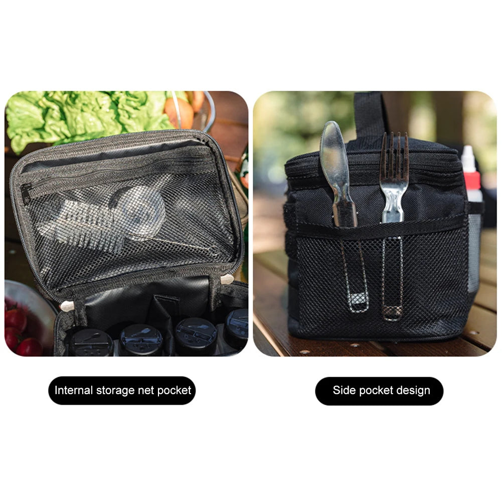 Outdoor Camping Organizers Portable Picnic Cookware Utensils Kit Bag with Handle with Dividers for Beach Picnic Road Trip Travel