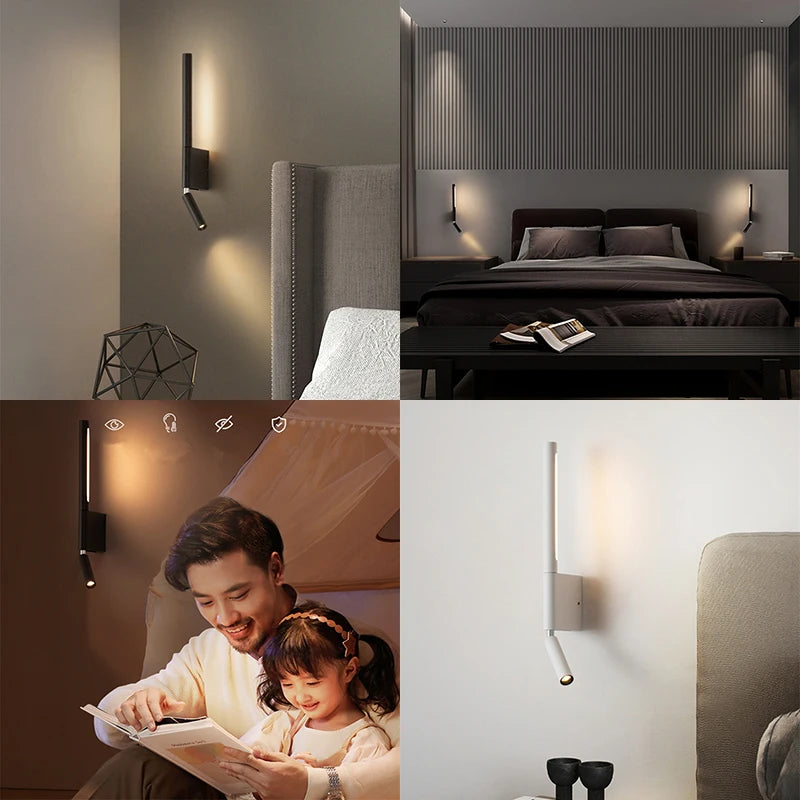 Bedside LED Wall Lamp With Rotatable Angle Spotlight Nordic Adjustable Wall Sconce Reading Light Bedroom Metal+Acryl Night Light