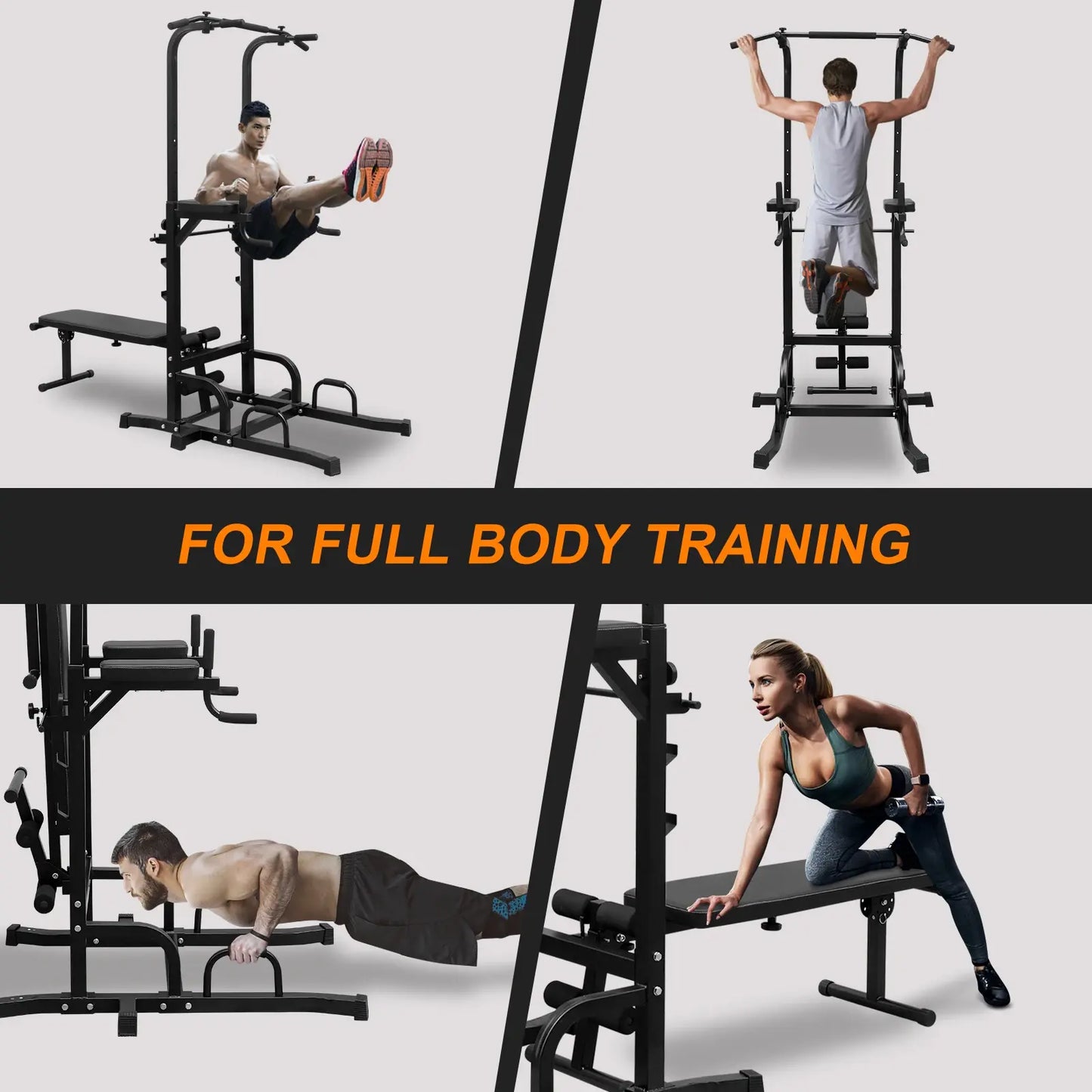 Power Tower Dip Station with Bench Pull Up Bar Stand Adjustable Height Heavy Duty Multi-Function Fitness Training Equipment for
