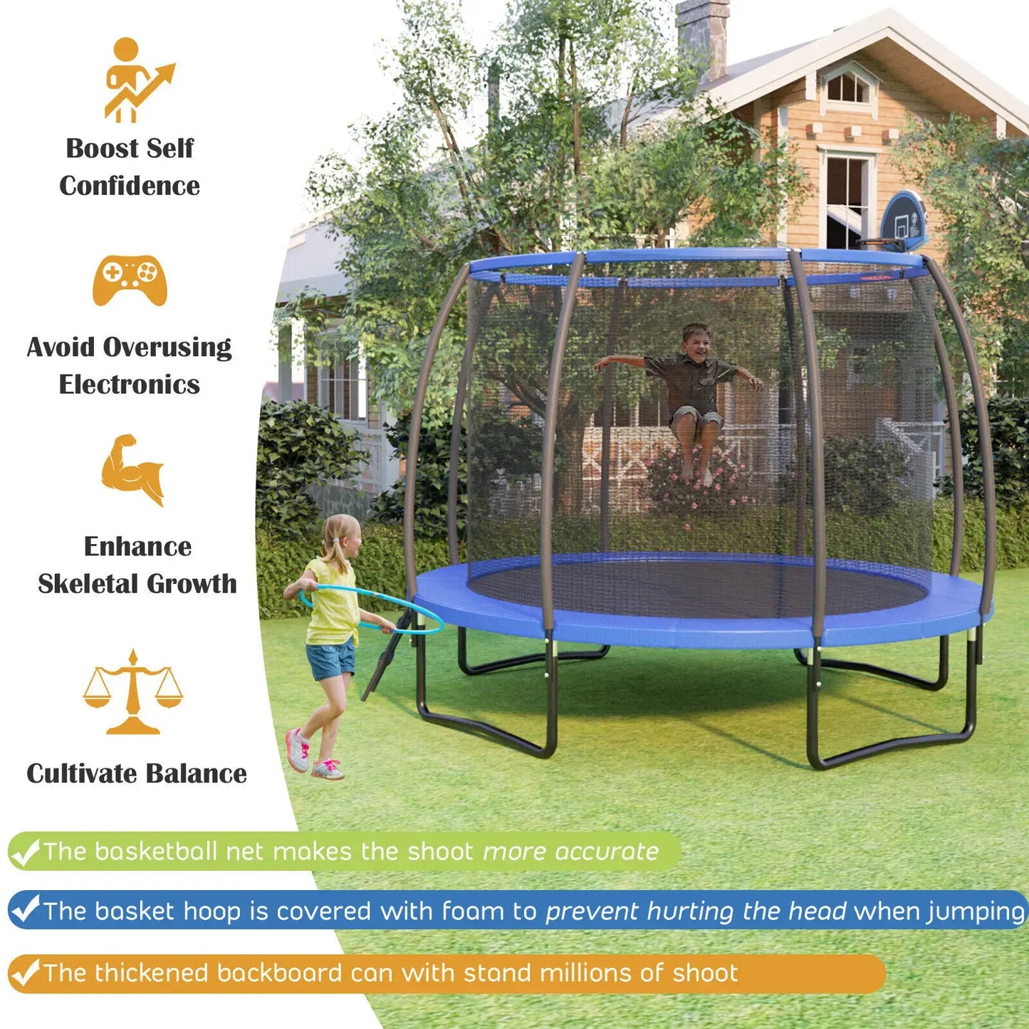 Costway 12FT Recreational Trampoline W/Basketball Hoop Safety Enclosure Net Ladder