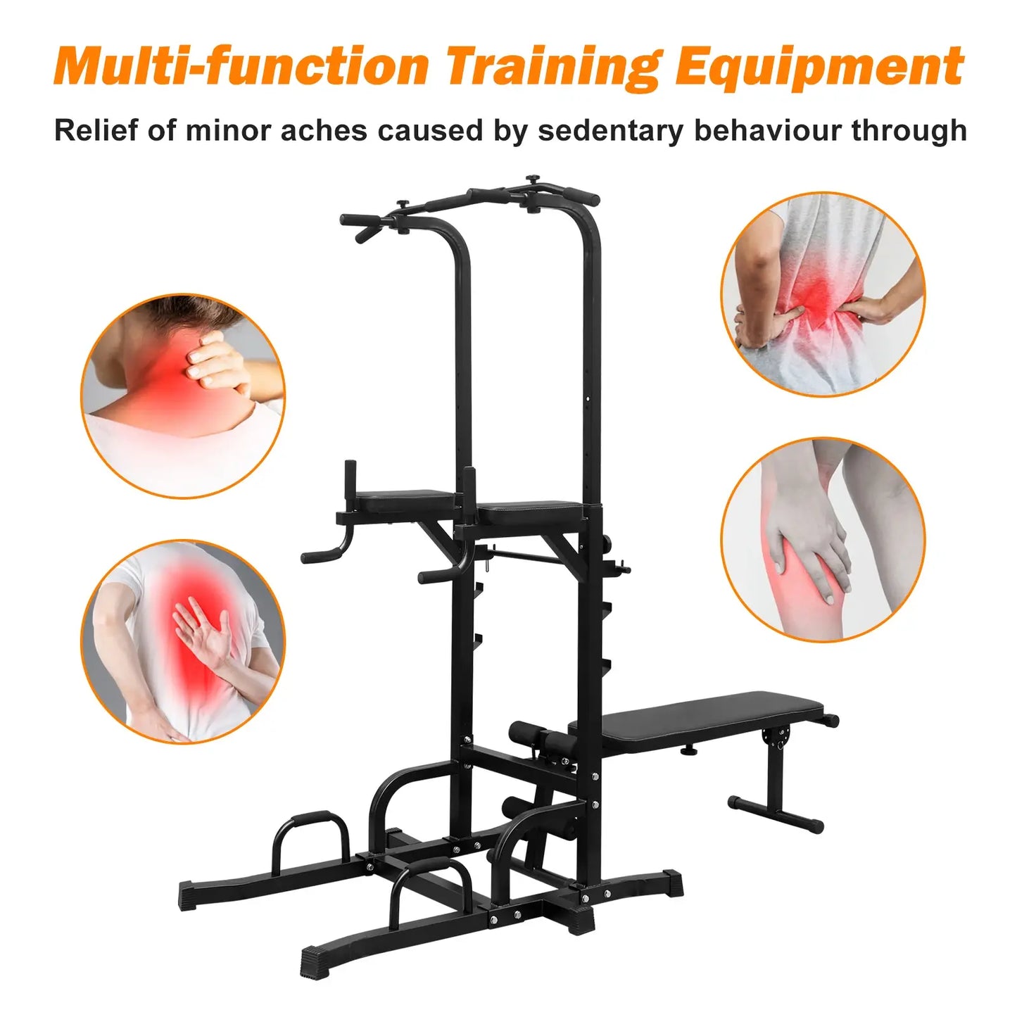 Power Tower Dip Station with Bench Pull Up Bar Stand Adjustable Height Heavy Duty Multi-Function Fitness Training Equipment for