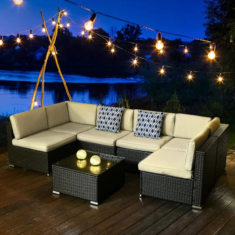 7 Pieces Patio Furniture Set, Outdoor Sectional Sofa PE Rattan Wicker Conversation Set Outside Couch Backyard, Black