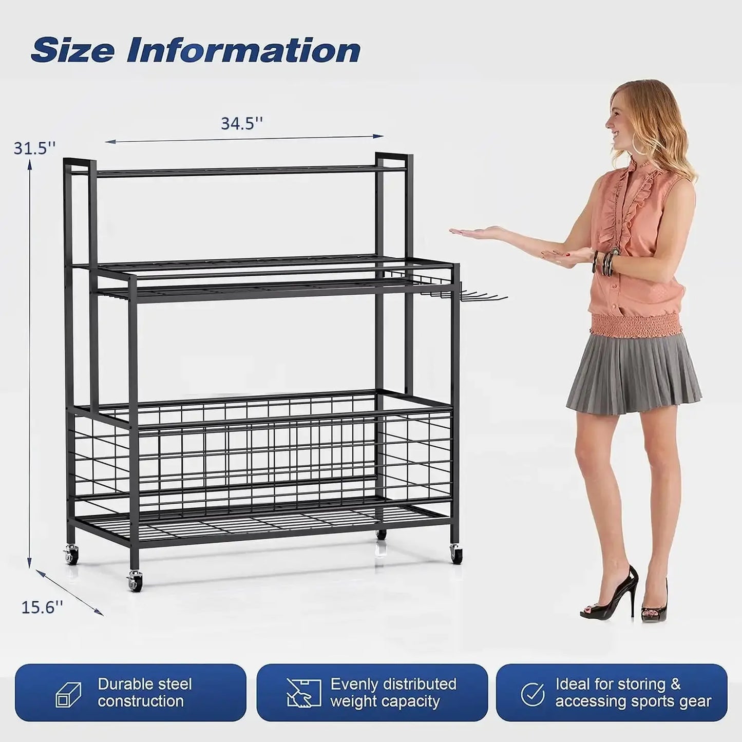 Sports Equipment Storage, Garage Sports Organizer, Baseball Bat Holder Holds 24 Bats Rolling Ball Cart with Wheels, Black