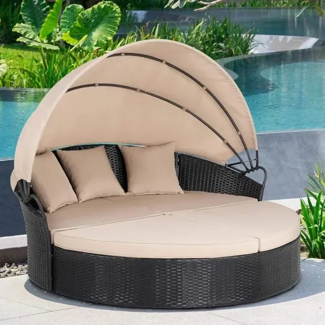 Shintenchi Outdoor Patio Furniture Outdoor Round Daybed with Retractable Canopy, Black Wicker Furniture Sectional Couch