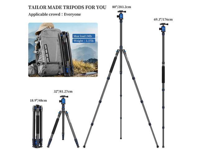 80-Inch Camera Tripod, Joilcan Aluminum Tripod For Dslr And Phone,Monopod, Lightweight Tripod With 360 Degree Ball Head For Travel And Work 18.5"-80",24Lb Load (Blue)