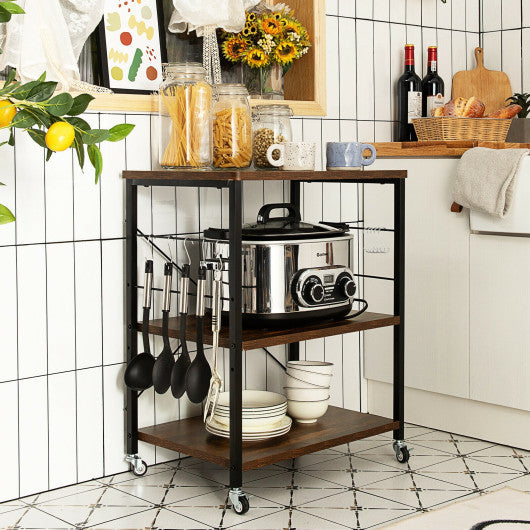 3Tier Kitchen Baker's Rack Microwave Oven Storage Cart with HooksCharcoal Brown
