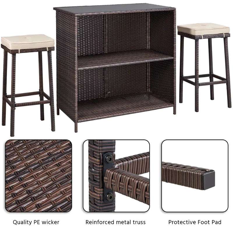 Easyfashion 3-Piece Outdoor Rattan Wicker Bar Set, Brown outdoor furniture set patio furniture set