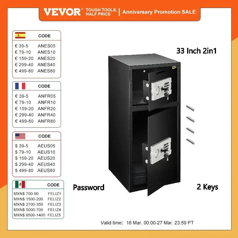 VEVOR 33" Double Door Safe Deposit Box Secret Hidden Piggy Bank Steel Separate Storage Space Electronic Lock Use for Office Home