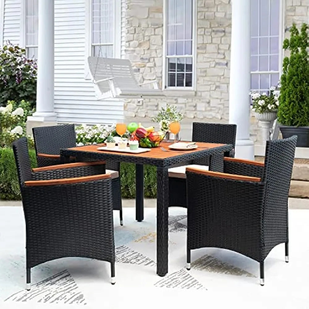 Devoko Outdoor Patio Dining Set, 5 PCS Outdoor Patio Furniture Set, Patio Conversation Set with Acacia Wood Table Top,attan Outd