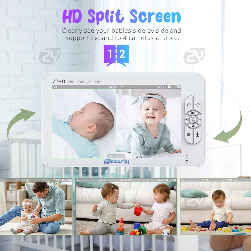 7.0 inch Video Baby Monitor HD Split Screen with 2 Cameras Pan Tilt 4X Zoom 2 Way Audio Night Vision no WiFi 4000mAh Battery