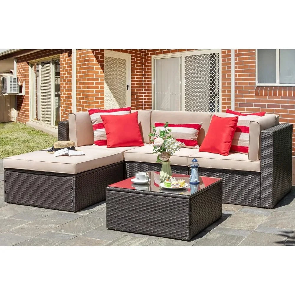 5 Piece Patio Furniture Sets, All-Weather Brown PE Wicker Outdoor Couch Sectional Set, Small Conversation Set for Garden,  Beige