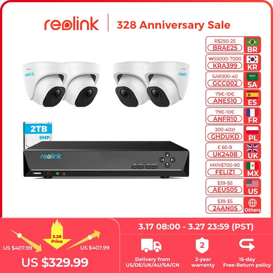 Reolink 5MP Camera System Human Car Detection 8ch PoE NVR&4 PoE IP Cameras dome Outdoor Video Surveillance Kit NVS8-5MD4 AI