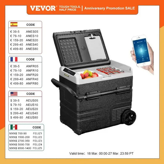 VEVOR 45L 55L 75L 95L Car Refrigerator Portable Compressor Freezer Fridge Dual Zone with APP Control 12V/24V DC 110V for Camping